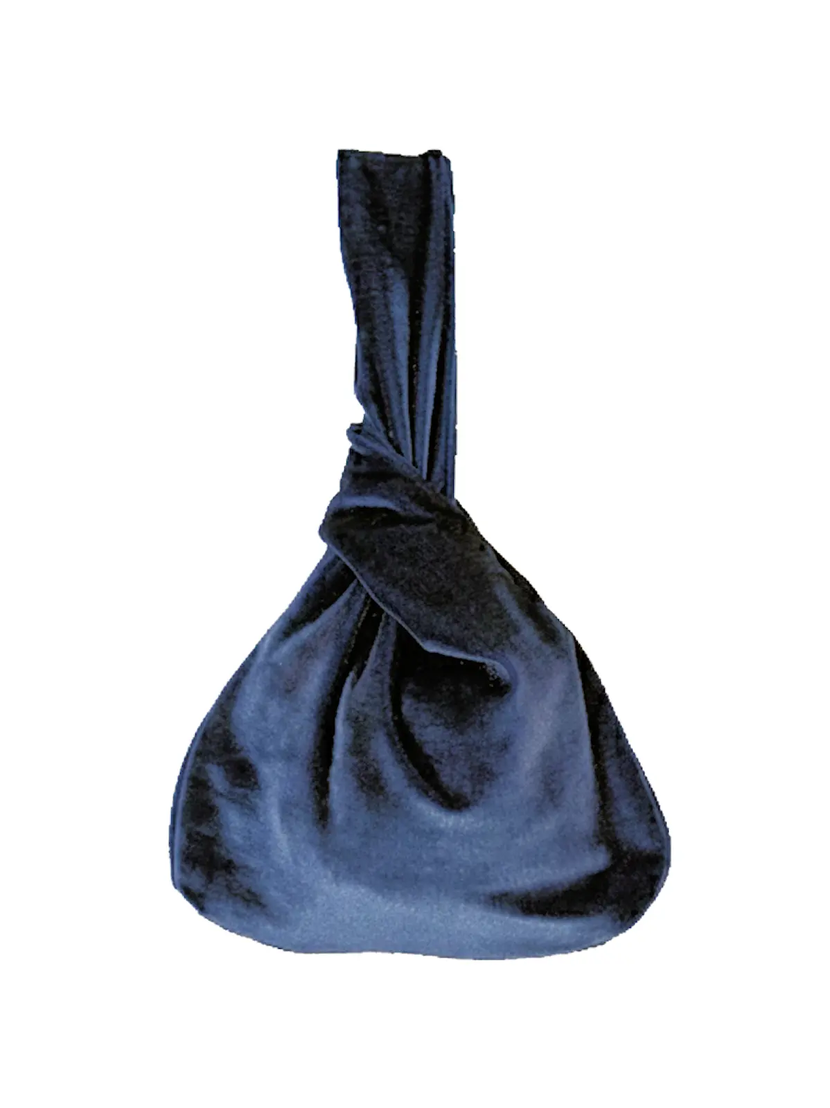 Bolso azul azafata de terciopelo con cierre de nudo. Elegante, versátil y refinado, perfecto para bodas y eventos especiales.