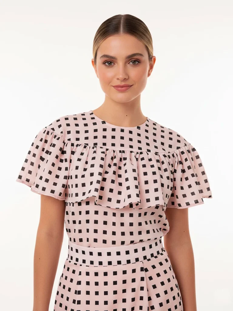Su delicado estampado de cuadros en tonos rosa y negro le da un aire moderno y versátil, ideal para adaptarse a distintas ocasiones.