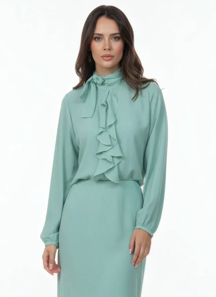 Blusa verde con volantes María. Diseño elegante con lazo al cuello y volantes frontales. Ideal para oficina, eventos o looks sofisticados.