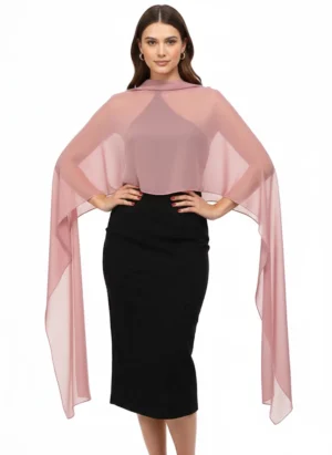 Fular rosa de gasa para eventos formales. Elegante, ligero y versátil, perfecto para llevar como capa o fular sobre vestidos.