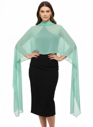 Fular verde agua de gasa para eventos formales. Elegante, ligero y versátil, perfecto para llevar como capa o fular sobre vestidos.