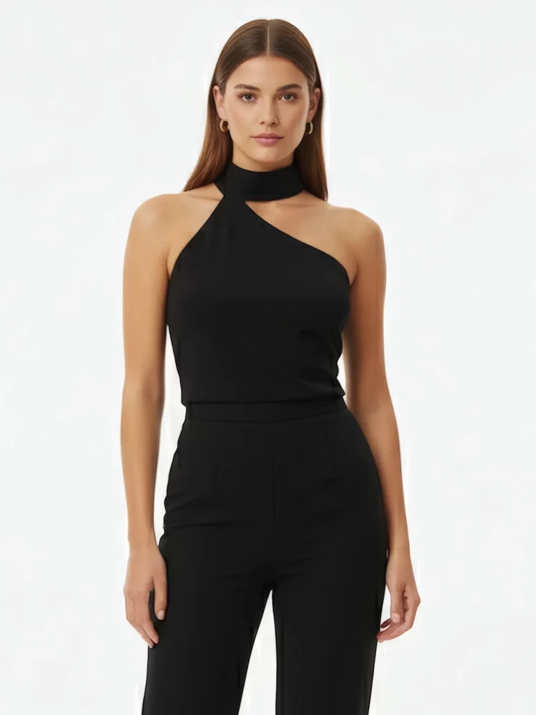 Top negro asimétrico Neck de cuello alto sin mangas y tejido elástico. Diseño elegante y minimal para eventos, cenas o looks sofisticados.