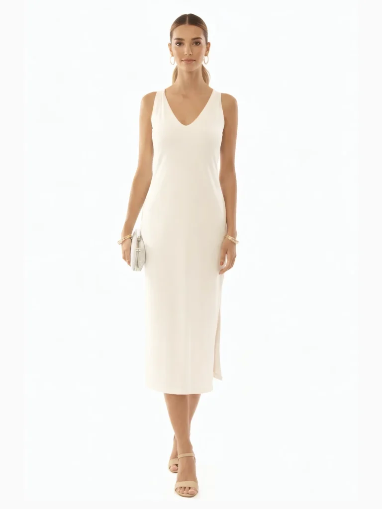Vestido Largo Blanco Escote Pico Queen con diseño midi, tirantes cruzados y tejido elástico. Elegante y favorecedor para eventos y celebraciones especiales.