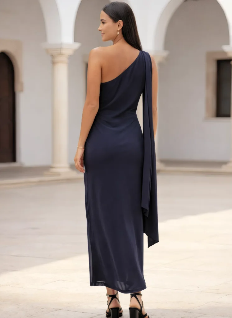 Vestido azul largo asimétrico Audrey con chal en el hombro. Diseño elegante y fluido, ideal para bodas, eventos y celebraciones especiales.