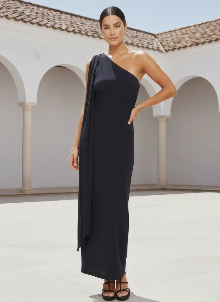 Vestido azul largo asimétrico Audrey con chal en el hombro. Diseño elegante y fluido, ideal para bodas, eventos y celebraciones especiales.