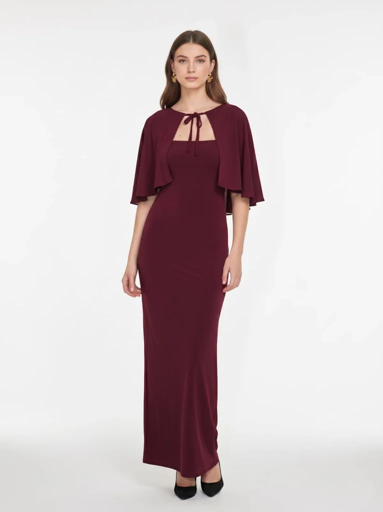 Vestido Burdeos con Capa Invitada Plumas de escote palabra de honor y tejido fluido. Elegante y sofisticado, ideal para bodas y celebraciones.