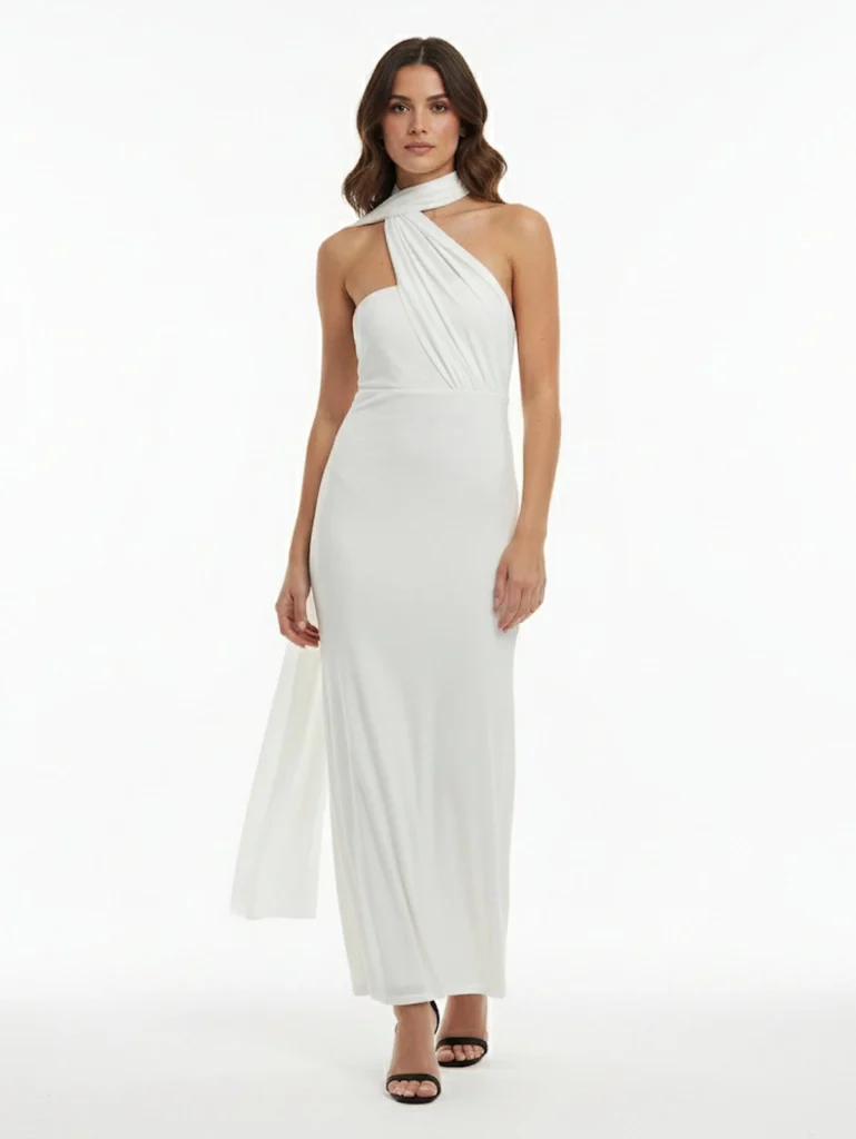 Vestido largo blanco palabra de honor con fular largo y tejido fluido. Ideal para bodas civiles y celebraciones elegantes.