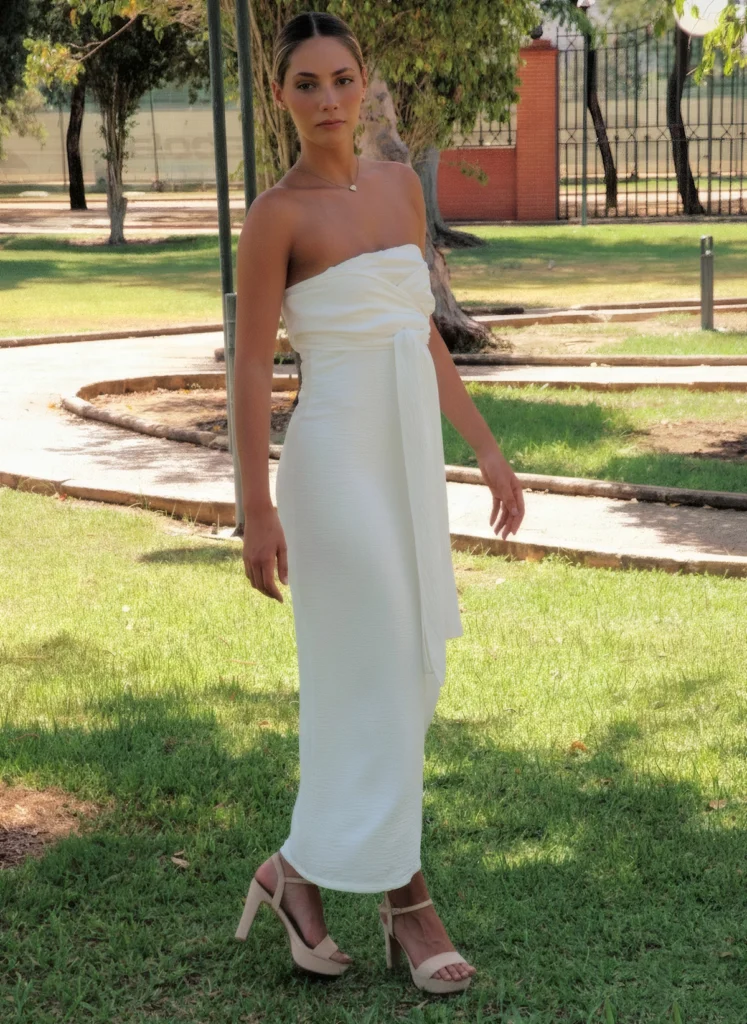 Vestido largo blanco con escote drapeado y corte estructurado. Diseño elegante de impacto, confeccionado en España. Ideal para eventos especiales.