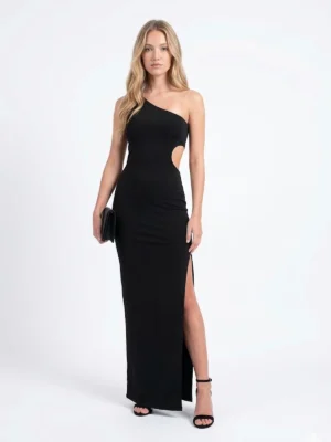 Vestido Largo Negro Asimétrico Abril con aberturas laterales y tejido elástico. Diseño elegante y favorecedor para bodas, graduaciones y eventos de noche