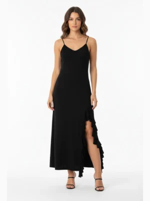 Vestido Largo Negro Espalda Descubierta Louvre con tirantes dobles y volante fluido. Ideal para bodas de noche, fiestas y eventos elegantes.