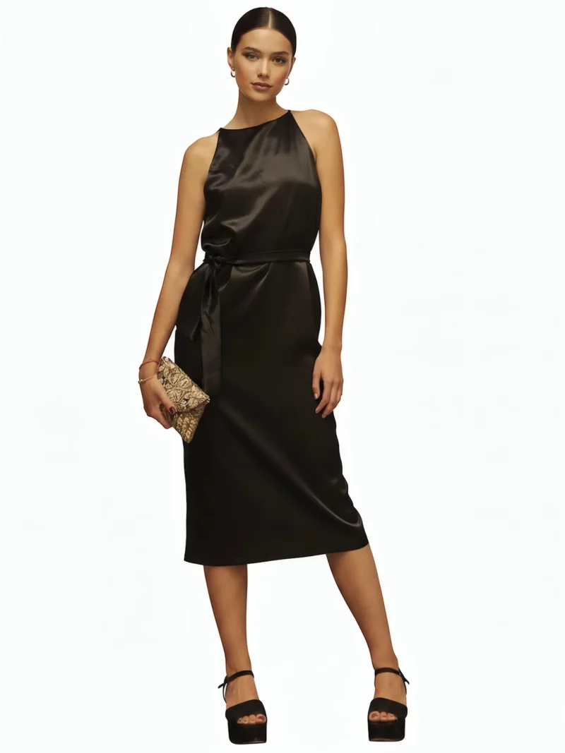 Vestido Negro Satén Motis con cinturón y abertura lateral. Diseño elegante y favorecedor, ideal para bodas, fiestas y eventos especiales.