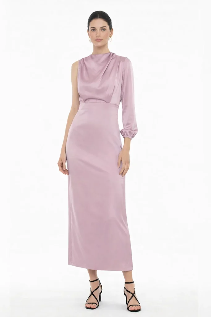 Vestido midii rosa satinado con diseño asimétrico y una manga. Ideal para bodas, eventos de día y celebraciones especiales