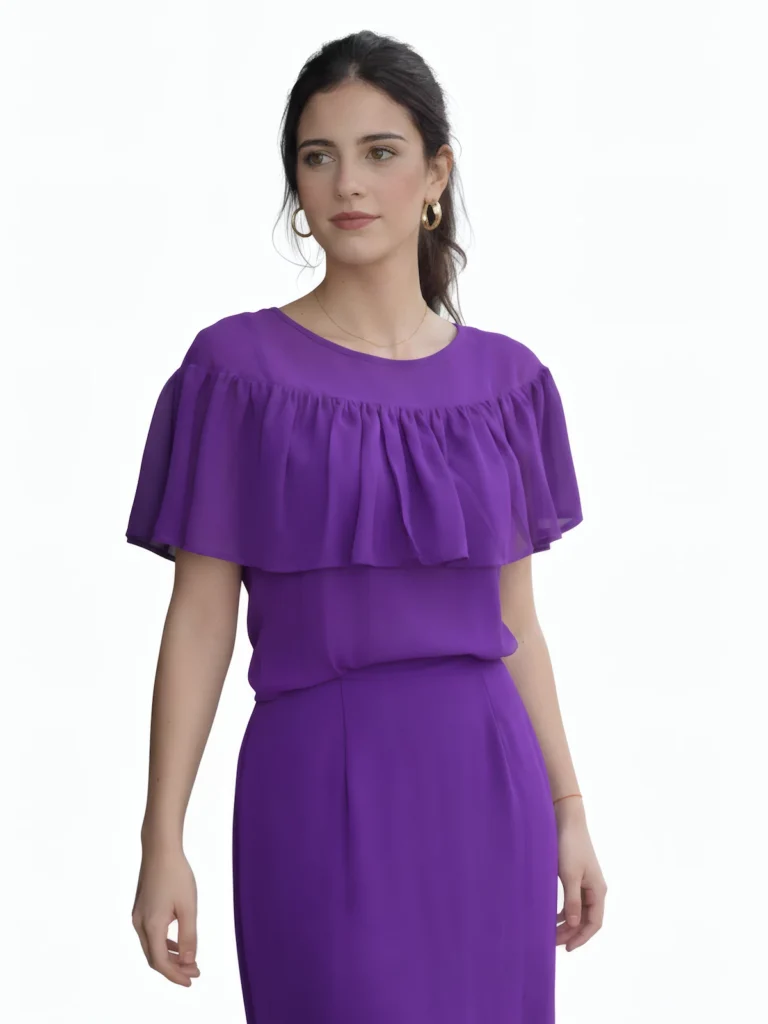 Blusa Morada de gasa con un tono vibrante realza cualquier look, mientras que los delicados volantes en los hombros aportan un aire romántico y elegante.
