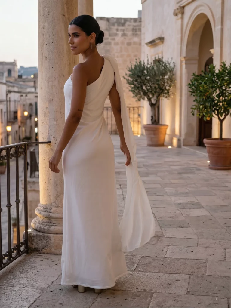 Vestido largo blanco con capa integrada y escote asimétrico a un hombro. Diseño elegante y fluido ideal para bodas civiles y eventos especiales.