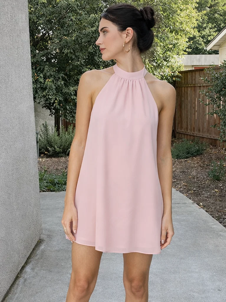 Vestido corto rosa perla en punto de seda con cuello halter y espalda baja. Diseño ligero y elegante para eventos y celebraciones.