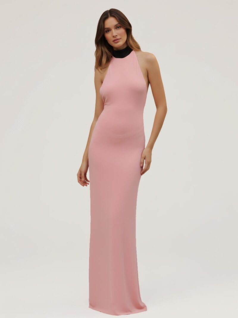 Vestido Largo Rosa y Negro Halter Josefina