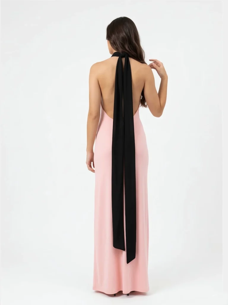 Vestido halter rosa con espalda abierta y lazada negra larga. Diseño elegante y fluido perfecto para bodas, graduaciones y eventos especiales.