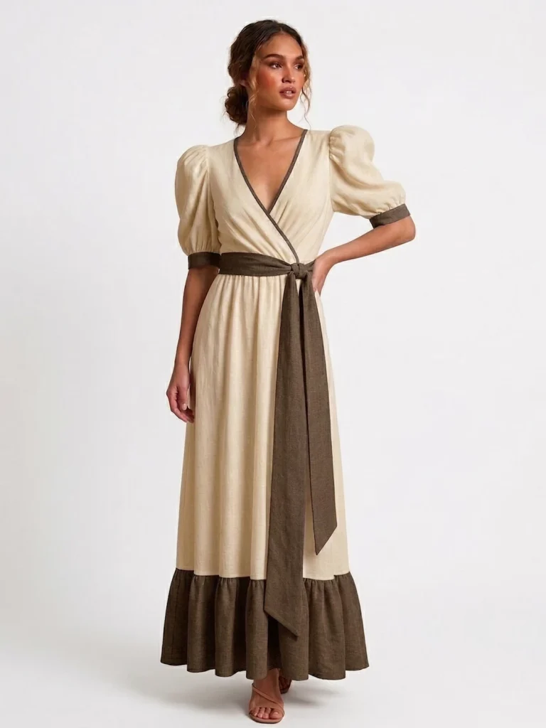 Vestido largo en tono arena con contraste marrón, escote cruzado y mangas abullonadas. Perfecto para eventos, comuniones y ocasiones especiales.
