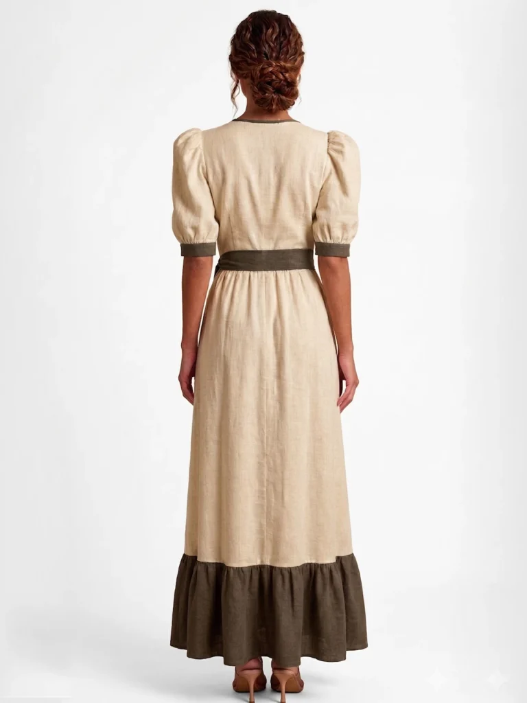 Vestido largo en tono arena con contraste marrón, escote cruzado y mangas abullonadas. Perfecto para eventos, comuniones y ocasiones especiales.