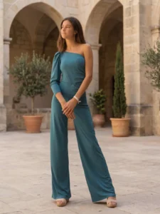 Mono Orleans azul petróleo mono asimétrico elegante para invitada