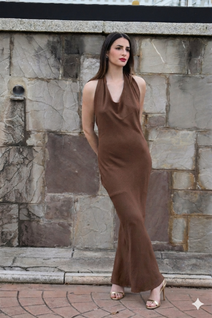 Vestido largo marrón chocolate con escote cascada y espalda descubierta. Diseño fluido y elegante ideal para bodas de tarde y eventos especiales.
