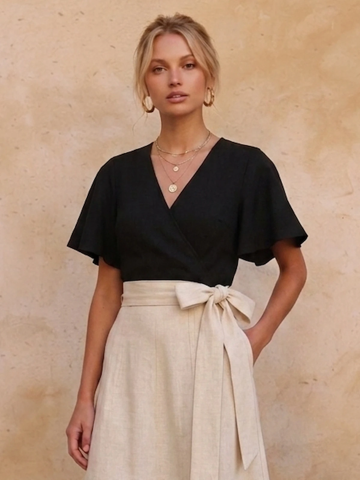 Top negro Nova en punto de seda, con escote de pico y mangas de vuelo. Cómodo, elegante y muy versátil. Disponible en más colores.
